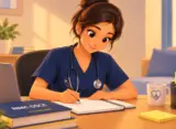 A cartoon-style nurse in blue scrubs with a stethoscope studying at a desk, writing in a notebook beside a laptop and medical books. Caption