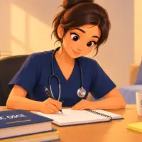 A cartoon-style nurse in blue scrubs with a stethoscope studying at a desk, writing in a notebook beside a laptop and medical books. Caption