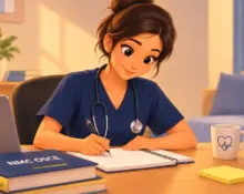 A cartoon-style nurse in blue scrubs with a stethoscope studying at a desk, writing in a notebook beside a laptop and medical books. Caption