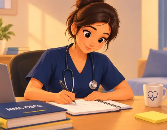 A cartoon-style nurse in blue scrubs with a stethoscope studying at a desk, writing in a notebook beside a laptop and medical books. Caption