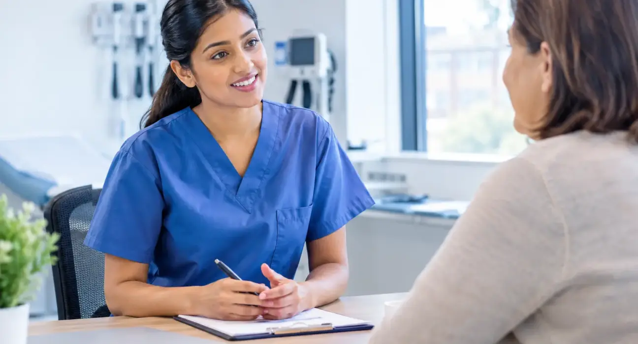 International nurse in blue scrubs practising an OET Speaking role play with a patient in a UK clinical consultation room.