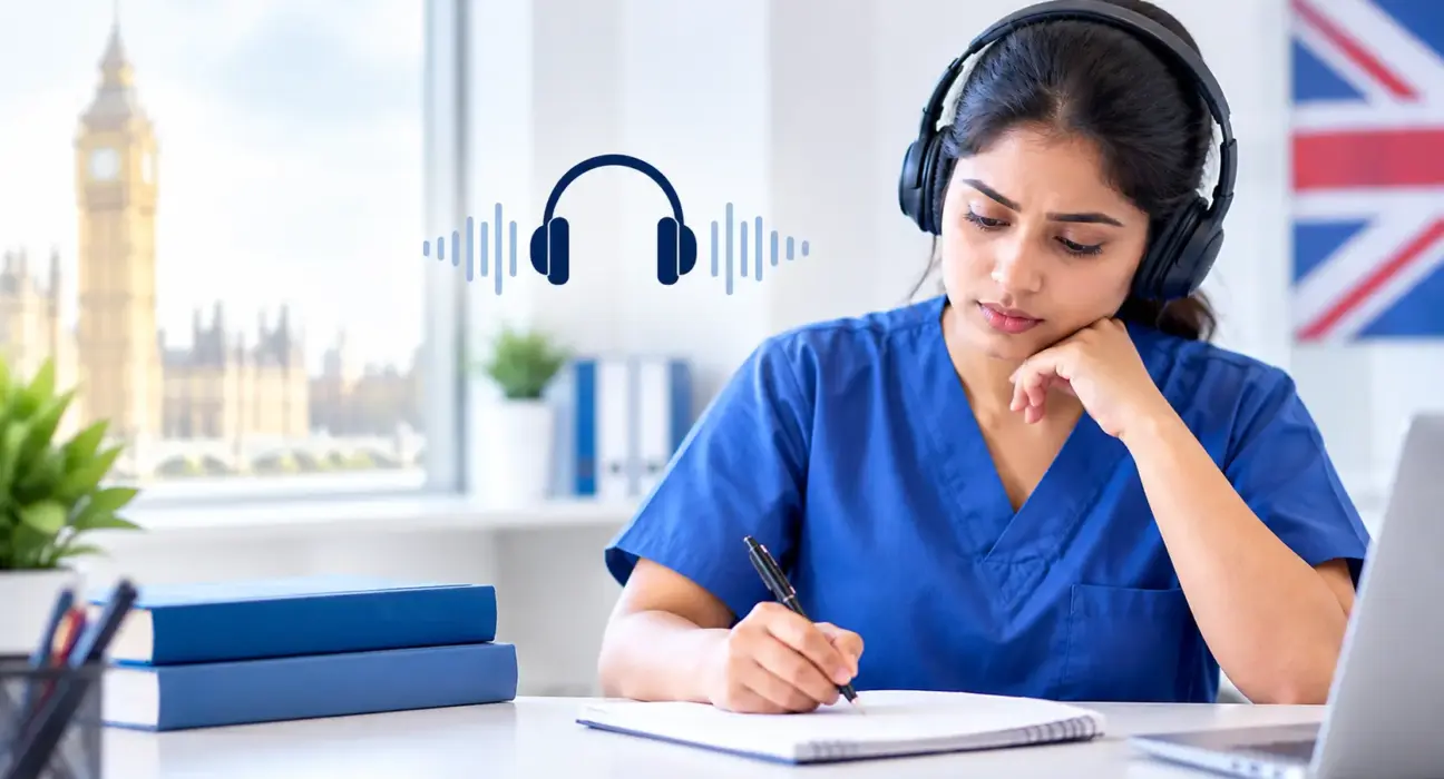 Nurse preparing for OET Listening Part A with headphones