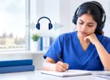 Nurse preparing for OET Listening Part A with headphones