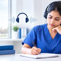 Nurse preparing for OET Listening Part A with headphones