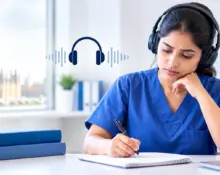 Nurse preparing for OET Listening Part A with headphones