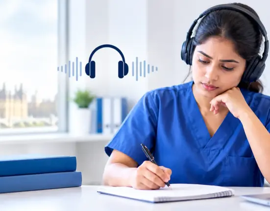 Nurse preparing for OET Listening Part A with headphones