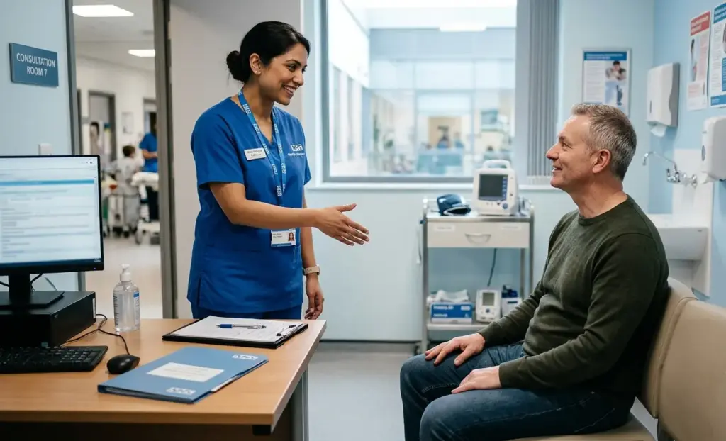 An international female nurse in blue scrubs stands in a bright, modern UK hospital consultation room, smiling warmly and extending her hand to introduce herself to a seated adult male patient. The patient looks up at her attentively. The background features soft daylight through large windows, a medical equipment cart, and a desk with a laptop and clipboard.