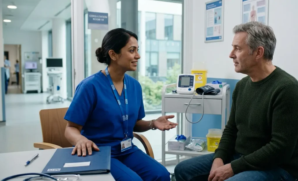 A female healthcare professional, of South Asian descent, wearing blue scrubs and an NHS-branded lanyard, is seated and speaking with a male patient, who has grey hair and is wearing a green sweater. She is gesturing with her hands and looking at him. They are in what appears to be a hospital clinic room, with a medical equipment trolley, a digital monitor, and medical charts on the wall. A hallway is visible through a door in the background.