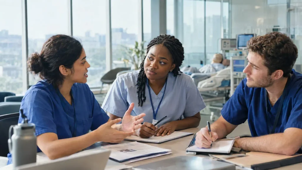 Three international nurses in blue scrubs discussing clinical notes around a table in a bright, modern healthcare training centre.
