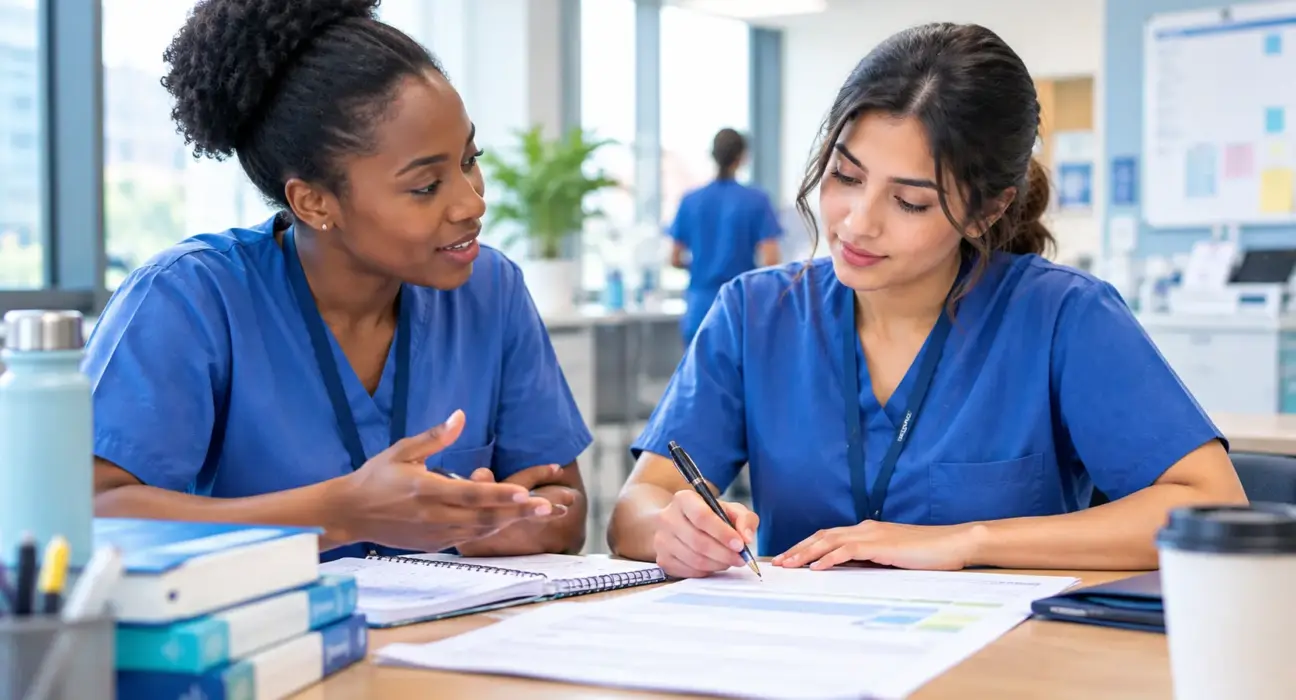 Two international nurses discussing and organizing OET writing notes in a clinical learning environment