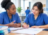 Two international nurses discussing and organizing OET writing notes in a clinical learning environment