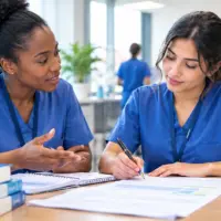 Two international nurses discussing and organizing OET writing notes in a clinical learning environment
