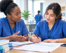 Two international nurses discussing and organizing OET writing notes in a clinical learning environment