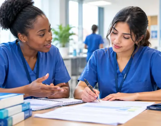 Two international nurses discussing and organizing OET writing notes in a clinical learning environment