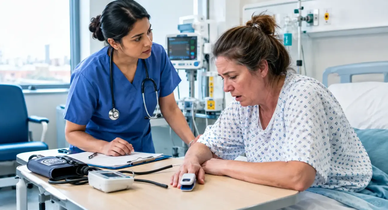 International nurse assessing a breathless patient in the tripod position