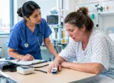 International nurse assessing a breathless patient in the tripod position