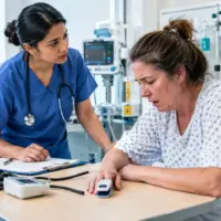 International nurse assessing a breathless patient in the tripod position