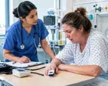 International nurse assessing a breathless patient in the tripod position