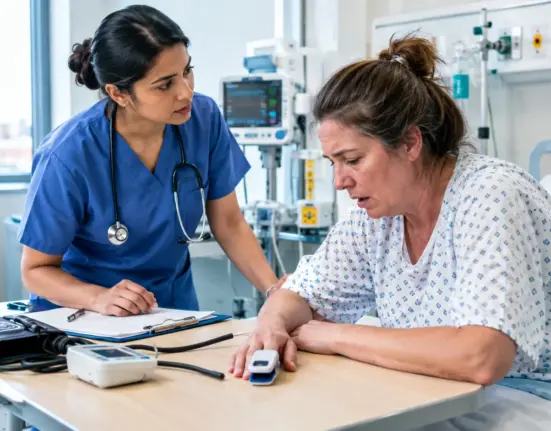 International nurse assessing a breathless patient in the tripod position