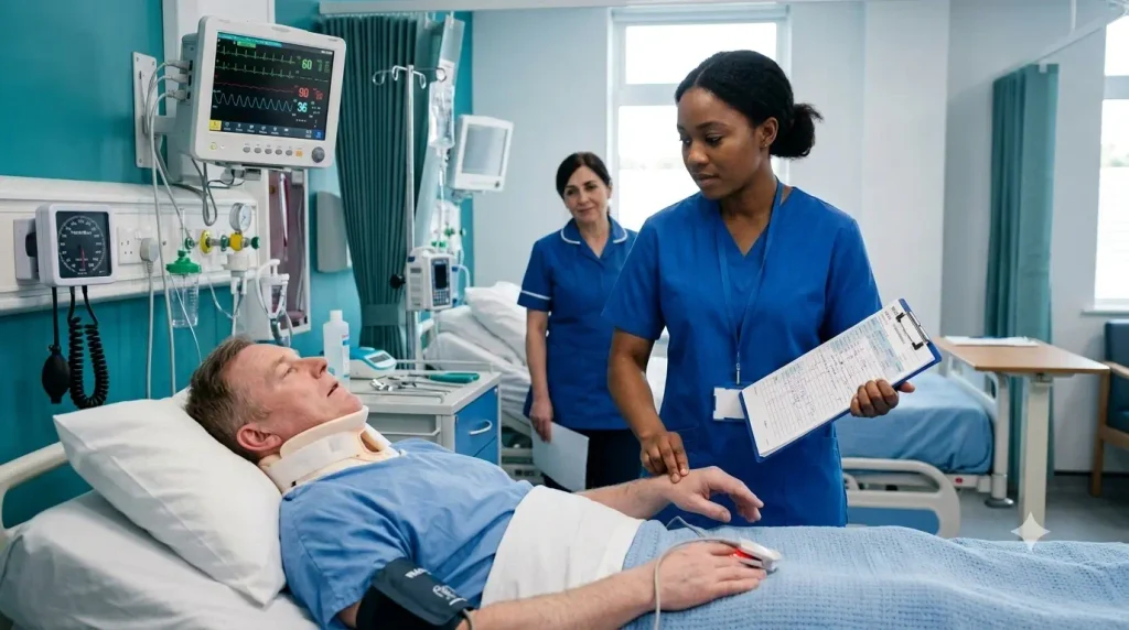 A female international nurse wearing royal blue scrubs and a lanyard stands beside a hospital bed, holding a clipboard and checking the pulse of a male patient wearing a cervical collar. In the background, a senior nurse in a matching dark blue uniform observes attentively. The modern UK hospital room features teal accents, medical equipment, a vital signs monitor displaying heart rate readings, and natural light streaming through a window.