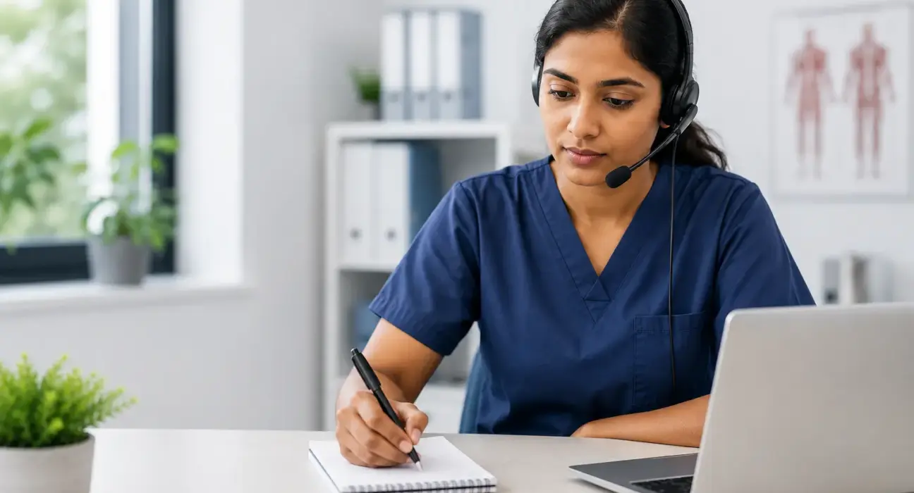Focused nurse listening to an OET Listening Part C consultation while taking notes