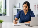 Focused nurse listening to an OET Listening Part C consultation while taking notes