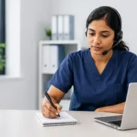 Focused nurse listening to an OET Listening Part C consultation while taking notes