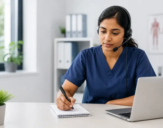 Focused nurse listening to an OET Listening Part C consultation while taking notes