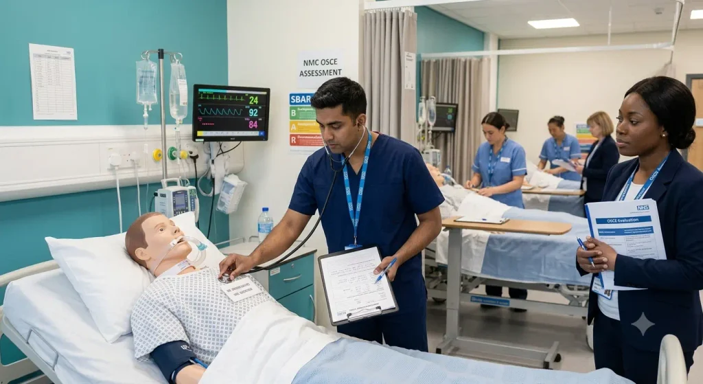 A medium shot shows a male international nursing candidate in navy scrubs using a stethoscope to assess a clinical mannequin during an NMC OSCE exam. He holds a metal clipboard with medical notes in his left hand while carefully placing the stethoscope chestpiece on the mannequin's chest. Standing to the right, a female assessor in a dark blazer and lanyard observes him closely, holding an "OSCE Evaluation" document.
