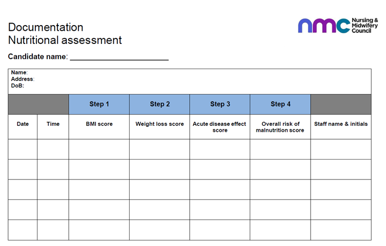 NMC nutritional assessment documentation chart showing the required fields for MUST screening, including patient details, date and time, BMI score, weight loss score, acute disease effect score, overall malnutrition risk score, and staff name and initials.