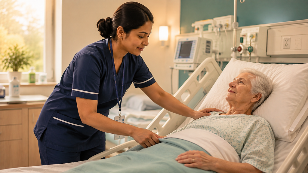 Nurse checking patient positioning to prevent pressure ulcers in a hospital setting