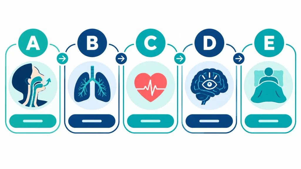 ABCDE approach infographic for prioritising airway, breathing, circulation, disability and exposure in PACU