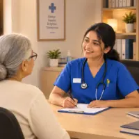 An image of a nurse talking with an older patient to show OET Speaking communication skills