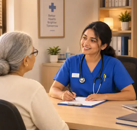An image of a nurse talking with an older patient to show OET Speaking communication skills