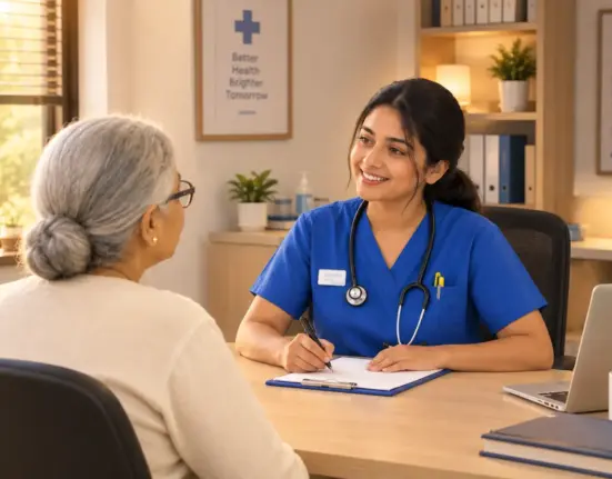 An image of a nurse talking with an older patient to show OET Speaking communication skills