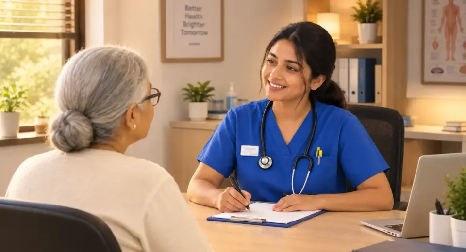 An image of a nurse talking with an older patient to show OET Speaking communication skills