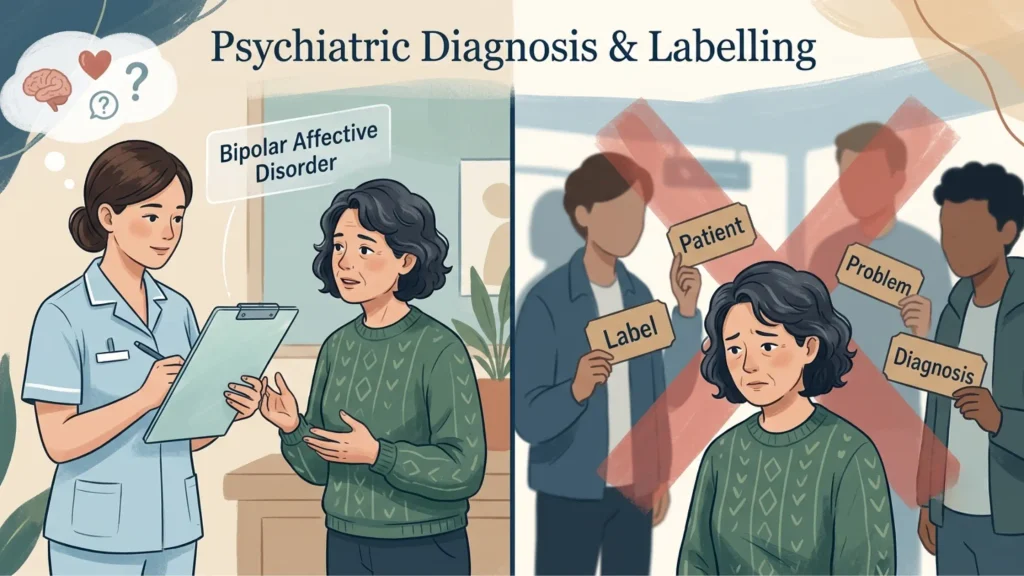 A split-panel digital illustration about psychiatric diagnosis and labelling. On the left, a supportive clinician listens to an individual, with labels pointing to symbols for history, experiences, and observations, showing a personal diagnostic process. A label for 'Diagnosis' is nearby. On the right, the same individual stands among figures holding up negative labels like 'Stereotype', 'Assumption', and 'Identity', with a faint red 'X' over them, indica
ting the potential for labelling to define a person. A title across the top reads 'Psychiatric Diagnosis & Labelling'