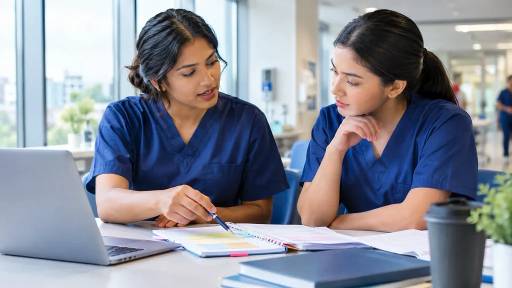 Two international nurses discussing and organising ideas for clear OET Writing communication.