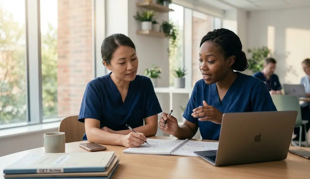Two international nurses collaborating on OET Writing, reviewing notes and organising ideas for clear and effective communication.
