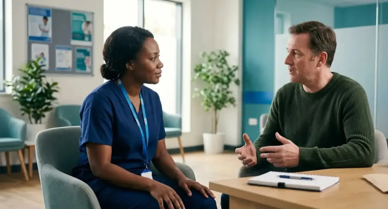 Nurse discussing mental health assessment with a patient in a UK clinical setting
