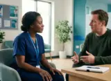 Nurse discussing mental health assessment with a patient in a UK clinical setting