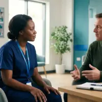 Nurse discussing mental health assessment with a patient in a UK clinical setting