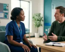 Nurse discussing mental health assessment with a patient in a UK clinical setting