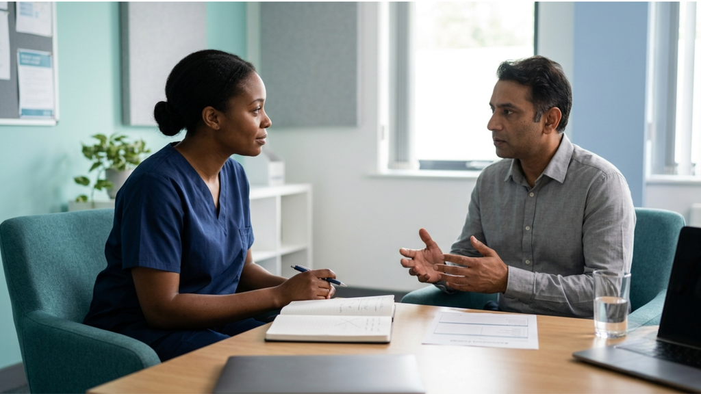 Nurse providing person-centred mental health care during a patient assessment