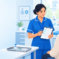 Nurse assessing patient eligibility under a Patient Group Direction (PGD) in a UK clinic