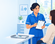 Nurse assessing patient eligibility under a Patient Group Direction (PGD) in a UK clinic