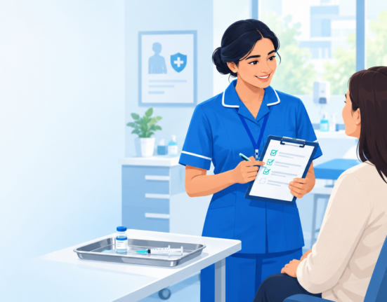 Nurse assessing patient eligibility under a Patient Group Direction (PGD) in a UK clinic
