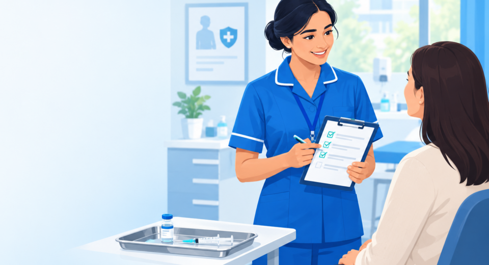 Nurse assessing patient eligibility under a Patient Group Direction (PGD) in a UK clinic