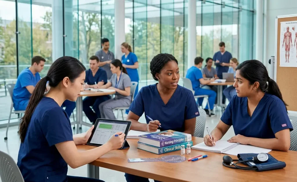 Three diverse female nursing students in dark blue scrubs are seated at a wooden table in a brightly lit, glass-walled common room, studying. The woman on the left holds a tablet with a graph, the central woman holds a pen and looks at the woman on the right, who is writing in a spiral notebook. Textbooks titled 'Nursing Principles' and 'Clinical Skills', glass vials, pens, and a sphygmomanometer are on the table. Other students are studying at tables in the blurred background, and an anatomical chart is on a stand.
