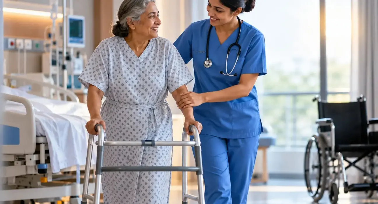 Nurse assisting a patient with early ambulation using a walker in a hospital